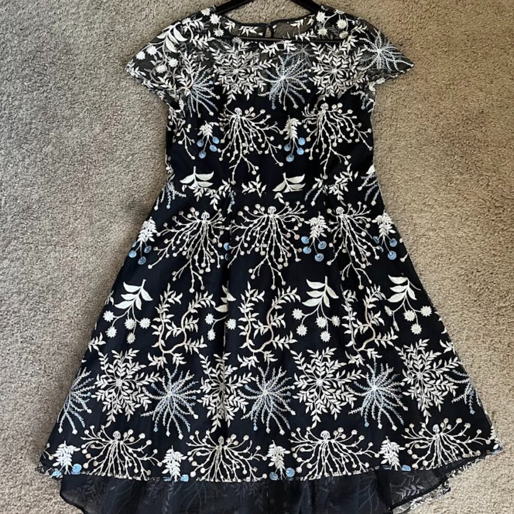 Adrianna Papell Black Floral Embroidered Mesh Fit & Flare Cocktail Dress Size 12